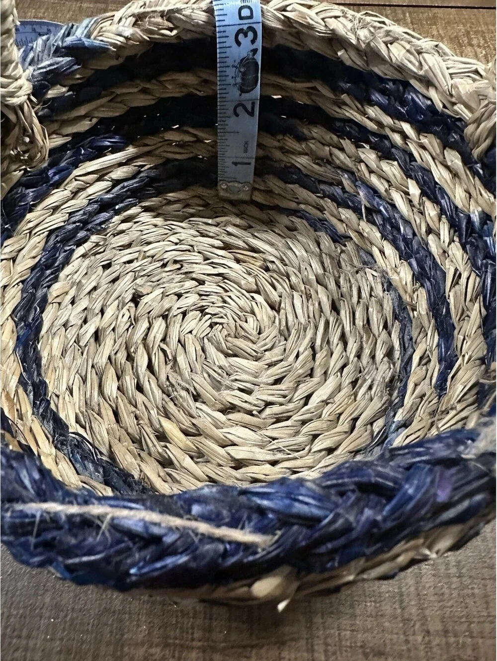 Vintage Handwoven Straw Basket with Blue Accents